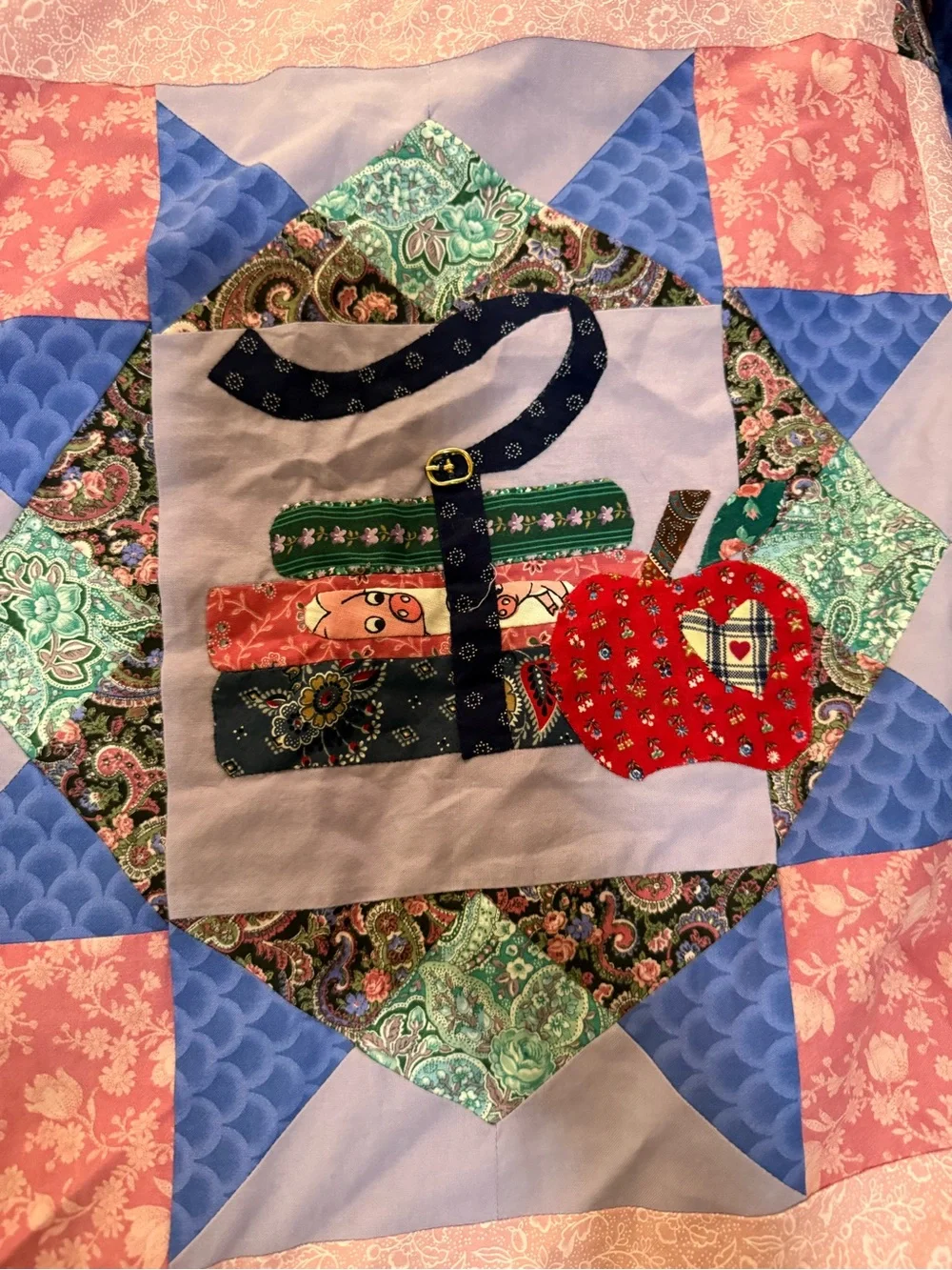 Handmade Pink and Blue Patchwork Quilted Top - Floral & Appliqué Motifs